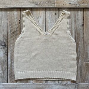 Cream Ribbed Cotton Blend Knit Sleeveless V-Neck Vest